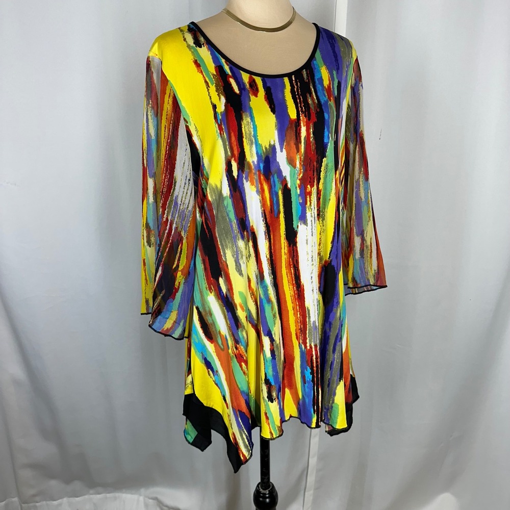 Peter Nygard 1X Multicolor Abstract Tunic Top Sheer Bell Sleeve Asymmetrical RED